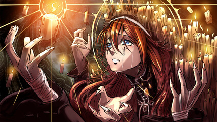 A desperate nun in tears reaches for a strange candle with divine radiance and three lights, she is a red-haired girl in a black and white cassock with a lot of candles on her shoulders. 2d anime art