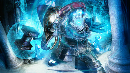Fototapeta premium A huge elephant wizard in plate gold armor with a runic hammer and holds the entrance to the secret underground temple of water with a magic barrier , two magicians help him. 3d rendering action art