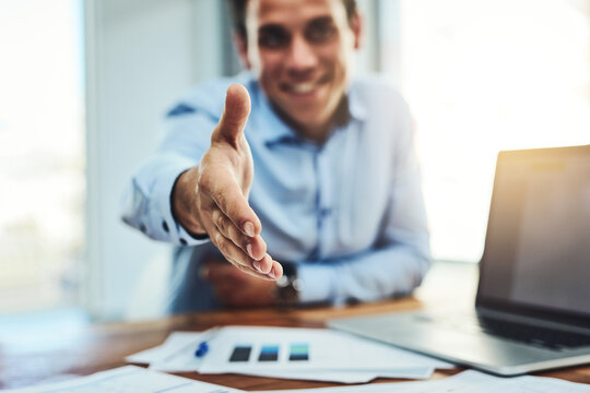 Handshake, deal and hiring HR manager extending his hand to negotiate, introduce or welcome candidate or sponsor. Data analyst, businessman or boss congratulating his partner on investment growth