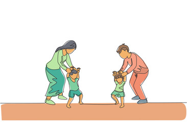 One single line drawing of young parents teaching their twin kids to walk at home vector illustration. Happy family parenting concept. Modern continuous line draw design