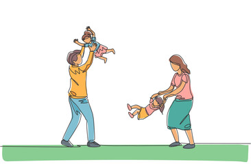 Single continuous line drawing of young mother and father playing with their twin daughter at home. Happy family parenting concept. Trendy one line draw design vector illustration
