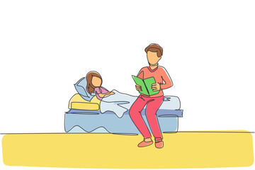 One continuous line drawing of young dad siting on bed room and reading story book to his daughter before sleeping. Happy family parenthood concept. Dynamic single line draw design vector illustration