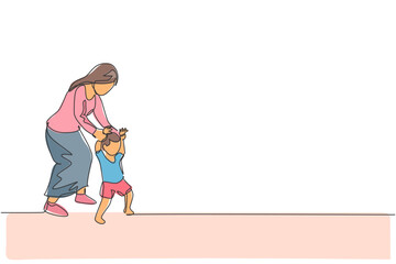 Single continuous line drawing of young mother teaching her son learning lead walk at home. Happy family parenting concept. Trendy one line draw design graphic vector illustration