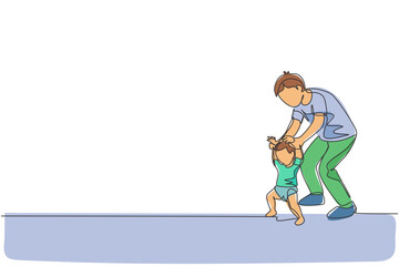 One continuous line drawing of young father teaching his son learning lead walk at home. Happy family parenthood concept. Dynamic single line draw graphic design vector illustration