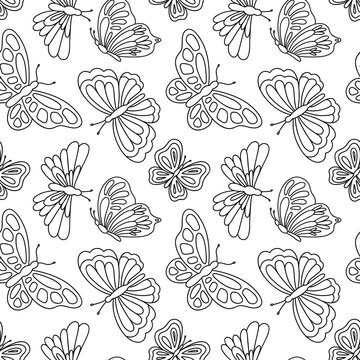Vector seamless pattern with hand drawn outline butterfly illustration for coloring page, fabric, textile, background, wallpaper, wrapping paper