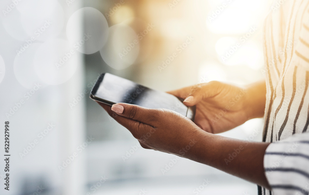 Poster closeup of female hands chatting or typing a text message to a friend on social media on a phone. wo