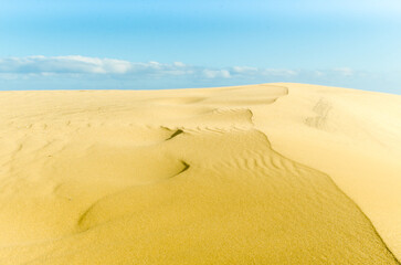 Sand dunes in a desert with blue sky and clouds in the background