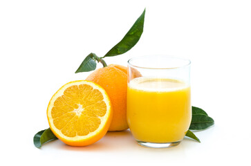 Oranges with fresh juice in a glass with leafs and stem on white background