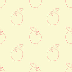 Vector seamless pattern with contour apples in doodle style. Hand drawn fruit background and texture, isolated. For children, school design, harvest, gardening and Thanksgiving theme.