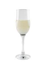 White sparkling champagne in a tall clear glass goblet on an isolated white background