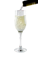 White sparkling champagne in a tall clear glass goblet on an isolated white background