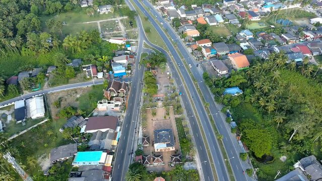 4k aerial view of Kresek mosque in Pattani,Thailand, old architecture design building from red brick clay, history landmark in islam religion at south east asia, architecture primitive for muslim pray