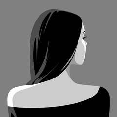 1315_Beautiful thoughtful woman with long black hair wearing black dress, romantic grayscale portrait - 522929124
