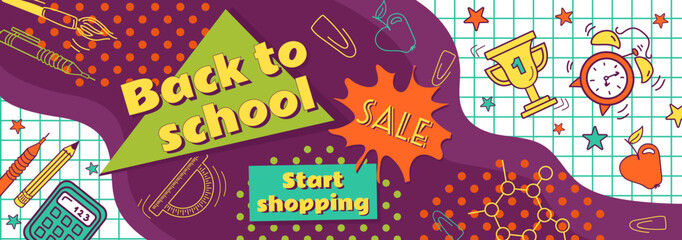 Back to school. Bright horizontal sale banner, cartoon comic style. Learning symbols, vintage colors, 90s. Alarm clock, apple, calculator, pencils. For advertising banner, website, sale flyer