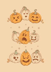 happy halloween. Jack o lantern. A set of vintage pumpkins with funny, frightening and cheerful faces, autumn leaves, stars. For stickers, posters, postcards, design elements