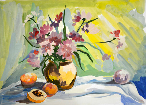 student still life with flowers