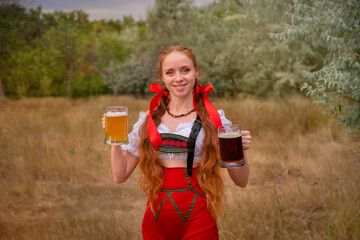 sexy oktoberfest girl waitress dressed in traditional bavarian dress serving big beer mug
