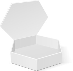 Mockup White Open Cardboard Hexagon Box Packaging For Food, Gift Or Other Products. Illustration Isolated On White Background. Mock Up Template Ready For Your Design. Product Packing Vector EPS10