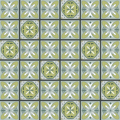 Portuguese tiles pattern with flowers in light green, illustration