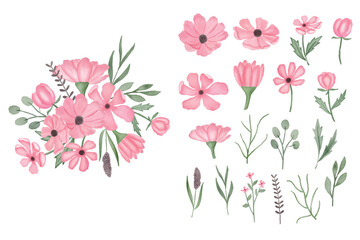 Set of watercolor flower pink clipart