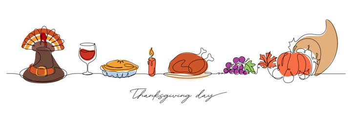 continuous line drawing of thanksgiving celebration table vector illustration and background - obrazy, fototapety, plakaty