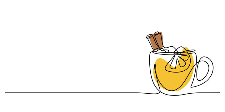 a cup of autumn hot drink with cinnamon in continuous line drawing vector illustration. minimalism style and copy space