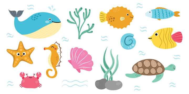 Set Of Cute Sea Animals Ocean Illustration