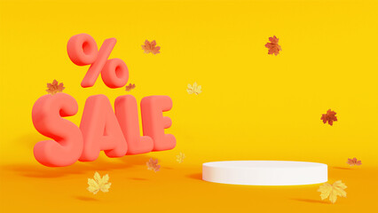 Autumn sale yellow background 3D text with percentages and product podium, maple leaves, render illustration