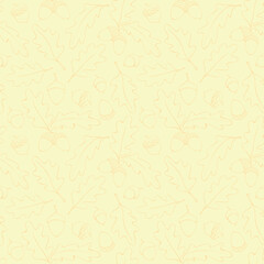 Seamless pattern with oak leaves, acorns. Vector autumn light yellow texture isolated, hand drawn in doodle style. Concept of forest, leaf fall, nature, thanksgiving