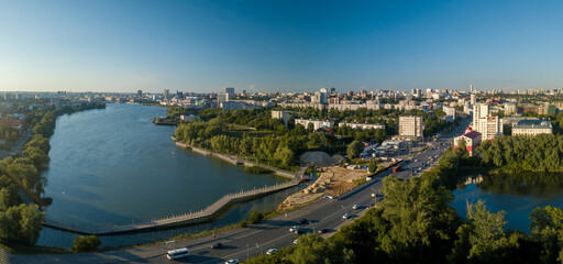 View of Lake Nizhny Kaban in Kazan, Russia. Bridges over the lake. Urban landscape