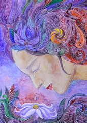 Disegno acquerello bella donna con occhi chiusi sognante. Meditazione 