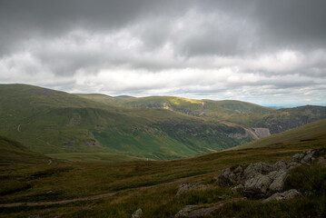 National Park Lake District, Helvellyn Hills, view while climbing Lake Thirlmere and Red Tarm, crossing Striding Edge and Swirral Edge during fog, 2022.