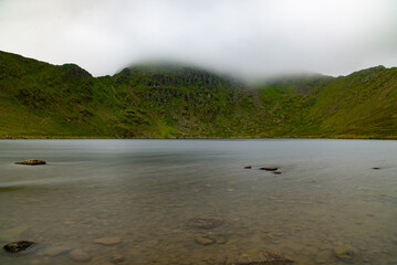 National Park Lake District, Helvellyn Hills, view while climbing Lake Thirlmere and Red Tarm, crossing Striding Edge and Swirral Edge during fog, 2022.