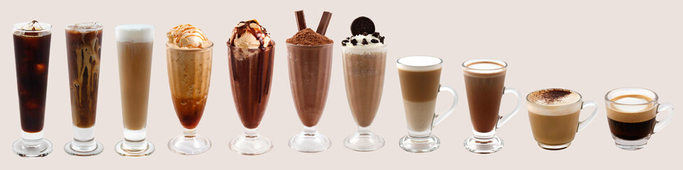 Collage of glassware with different coffee and chocolate, milk shake.