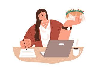 Woman employee eating sandwich at work. Office worker having meal, snack while working at desk with laptop. Hungry manager and fast food. Flat graphic vector illustration isolated on white background