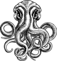 Original illustration of an octopus or cthulhu monster in a vintage woodblock woodcut retro style. © Christos Georghiou