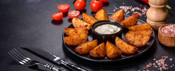 Baked potato wedges with cheese and herbs and tomato sauce on a dark background