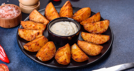 Baked potato wedges with cheese and herbs and tomato sauce on a dark background