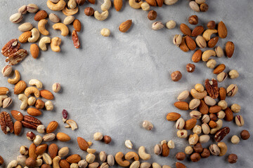Fototapeta na wymiar Cashew, almond, peanut and walnut mix. Top view with copy space.