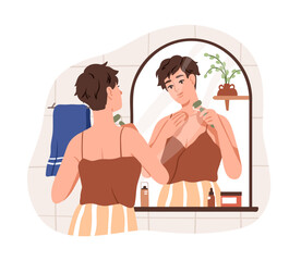 Young woman uses guasha roller for face and neck skin care, massage. Girl with gua sha, skincare routine in front of mirror at home bathroom. Flat vector illustration isolated on white background