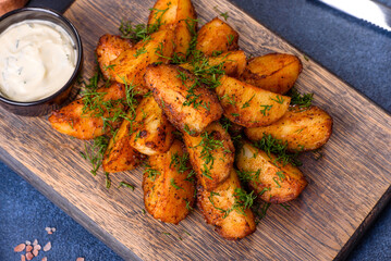 Baked potato wedges with cheese and herbs and tomato sauce on a dark background