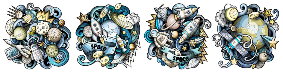Space cartoon vector doodle designs set.