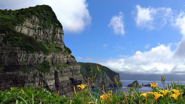 夜萩円山公園から見る鹿島断崖_鹿児島県甑島鹿島_100～200m級の断崖が南に約16kmにわたって続く断崖にはウミネコの営巣地がある。付近にはニシノハマカンゾウやカノコユリも楽しめる。