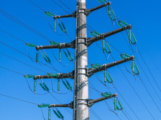 Various types of transmission line supports. Overhead power line. Transmission of electrical energy by wires