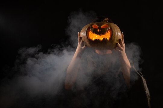 Pumpkin Jack O Lantern Instead Of A Woman's Head. Halloween