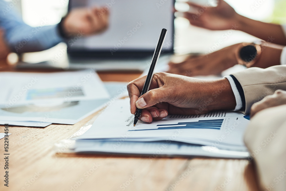 Aufkleber Business analyst hands writing on paperwork, making notes and checking data, charts and graphs in an office boardroom meeting. Closeup of man monitoring company growth, profit and analyzing documents