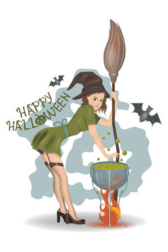 Witch in stockings in an erotic pose. Bent over a cauldron of potion. Flying mice. Postcard for the autumn holiday Halloween. Vector illustration