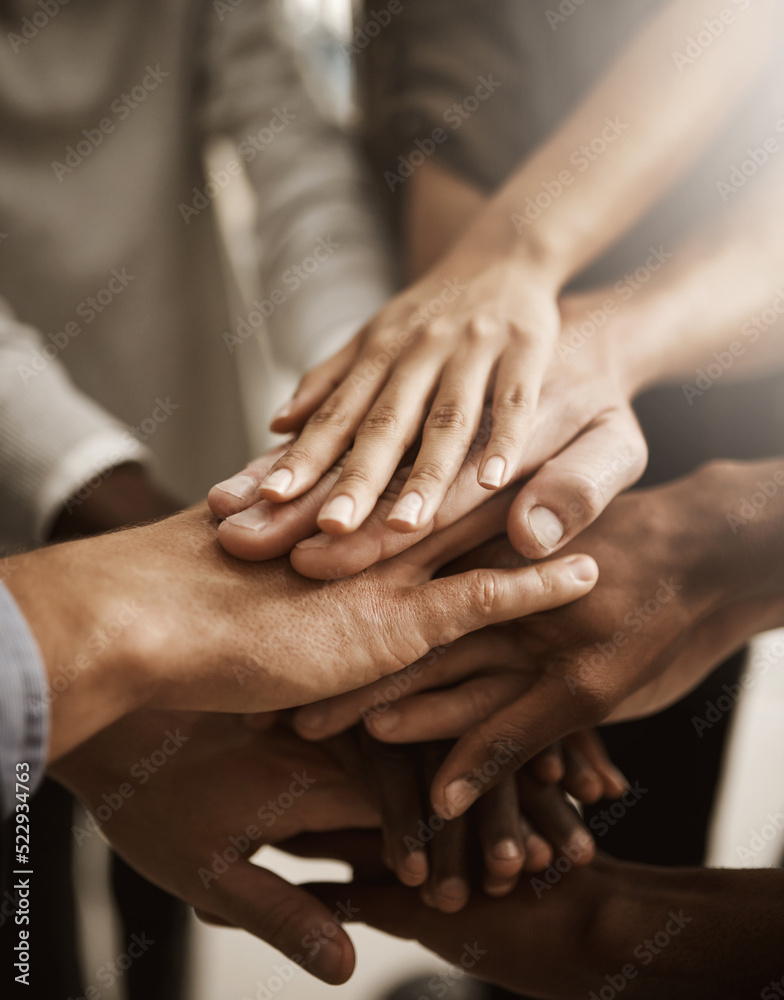 Poster Hands, teamwork and support with a group or team of people showing togetherness, unity and solidarity in a gesture of working together, trust and collaboration. Closeup of cooperation and motivation