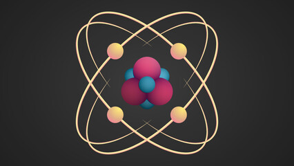 Atom isolated on dark background. Structure of an atom with protons neutrons and electrons.