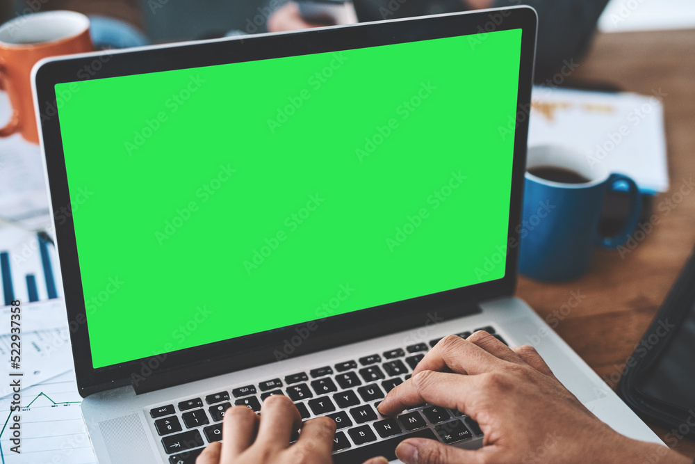 Poster green screen, copyspace and chromakey on a laptop of a business person typing an email, browsing the